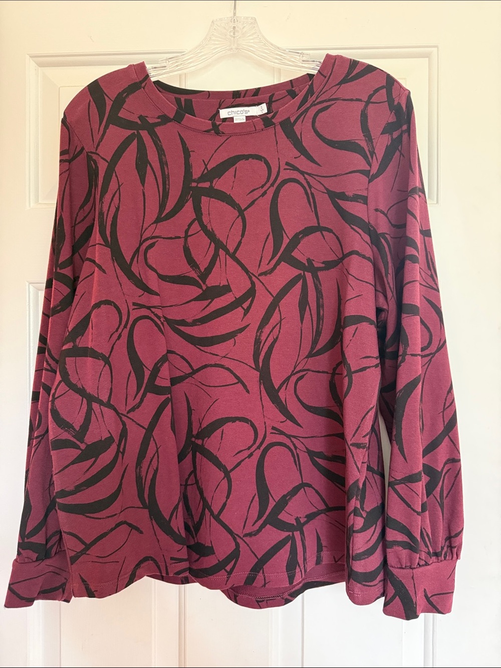 Chico's Burgundy Long-Sleeve Top with Black Abstract Swirl Print